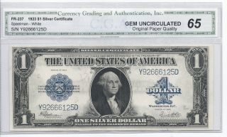 1923 $1 Silver Cert.  Fr - 237 - Graded Cga Gem Uncirc.  65 Opq Paper Quality photo