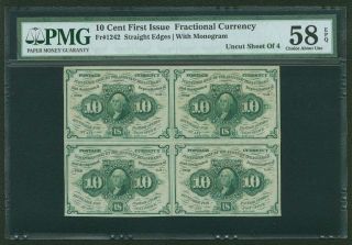1862 - 63 10 Cent Fractional Currency Fr - 1242 Certified Pcgs Au58 - Epq Sheet Of (4) photo