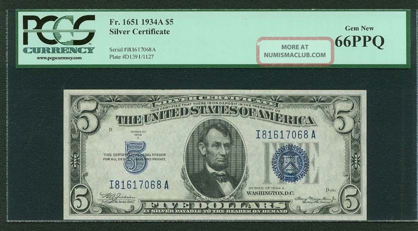 U.  S.  1934 - A $5 Silver Certificate Banknote Fr - 1651,  Pcgs Certified Gem 66 - Ppq Small Size Notes photo