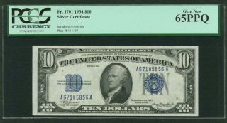 U.  S.  1934 $10 Silver Certificate Banknote Fr - 1701,  Pcgs Certified Gem 65 - Ppq photo