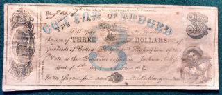 1862 Cotton Pledged State Of Mississippi Three Dollar Note photo