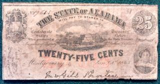 1863 State Of Alabama Twenty - Five Cent Note 19688 photo