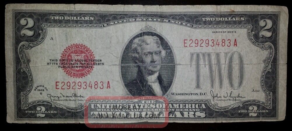 1928 G $2 Dollar Bill,  Two Dollar Bill,  Red Seal,  Legal Tender Small Size Notes photo