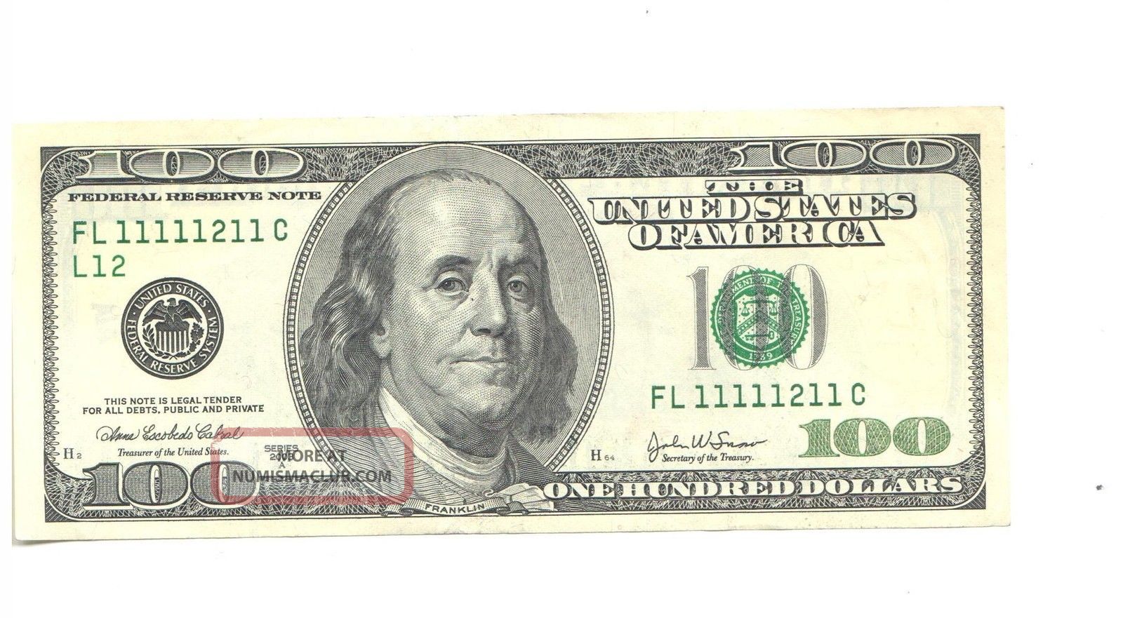 2003a $100 Hundred Dollar Note Us Bill Rare Almost Solid Serial Fl 11111211 C Small Size Notes photo