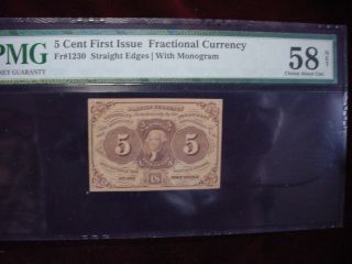 5 Cents Fractional,  1st Issue,  Jefferson,  Fr - 1230 Pmg Choice About Unc.  58 photo