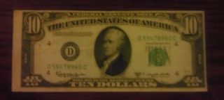 1950 D $10 Federal Reserve Note - Miscut On Front And Back - Circulated photo
