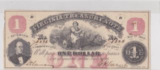$1 Obsolete Currency Virginia Treasury Note 1862 photo