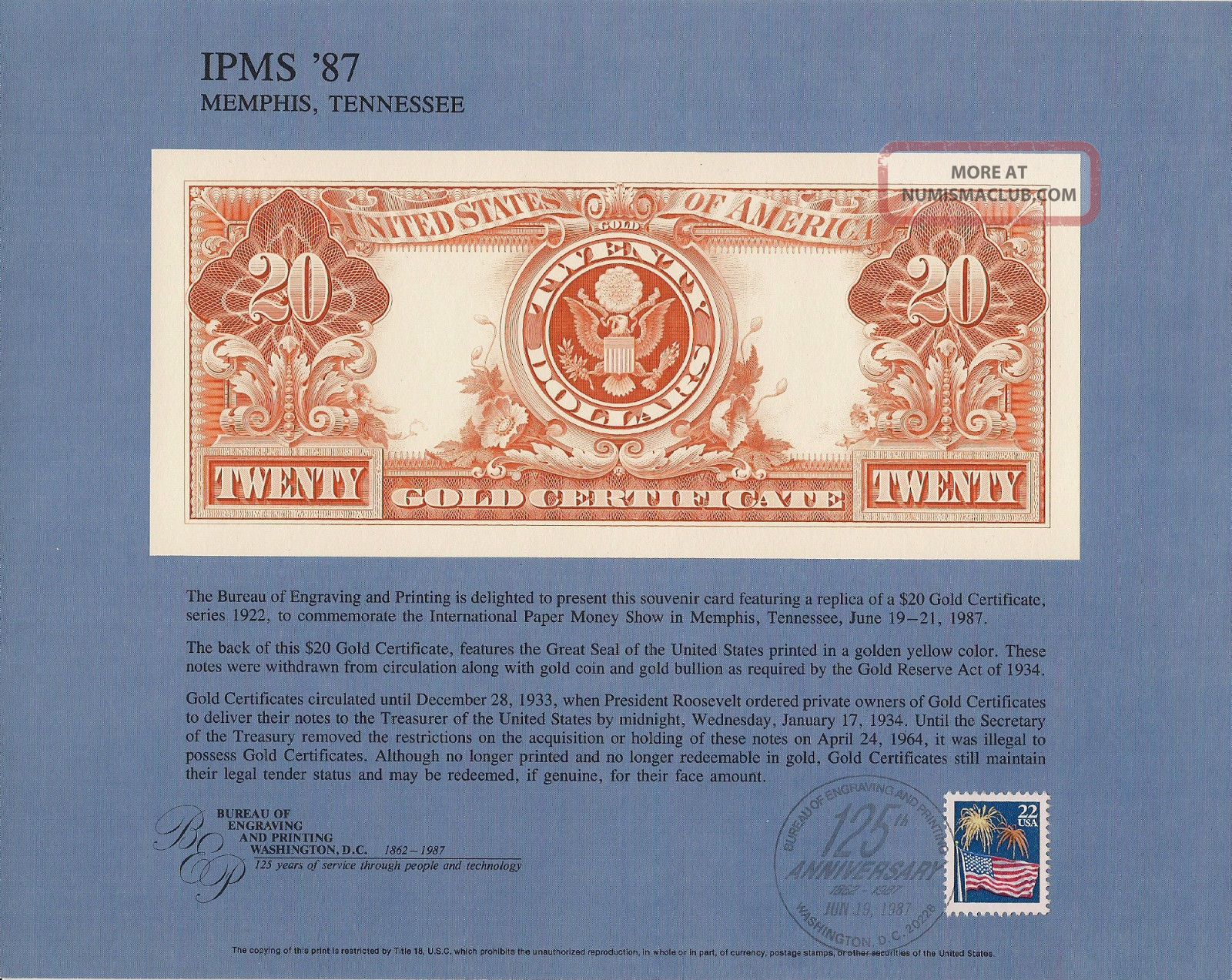 B105,  $20.  00 1922 Gold Certificate,  Reverse,  Bep Souvenir Card Large Size Notes photo