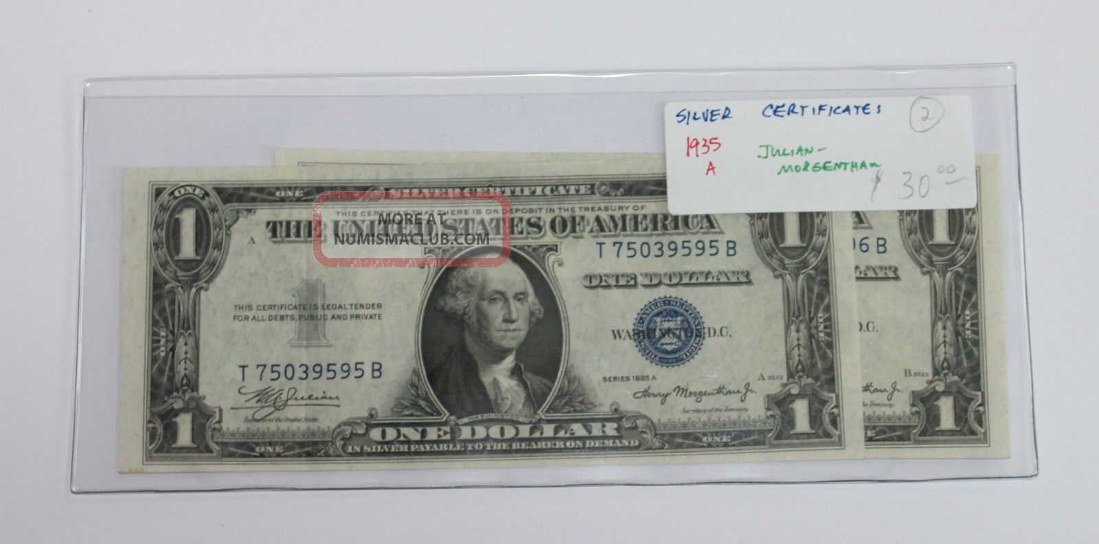 1935 - A 2 Consecutive Sn ' S,  $1.  00,  One,  Silver Certificate,  Sn T75039595b & 96b Small Size Notes photo