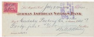 German American Savings Bank,  Los Angeles,  California 1900 W/ Revenue Stamp photo