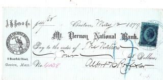 Mount Vernon National Bank,  Boston,  Mass.  1879 W/ Revenue Stamp photo