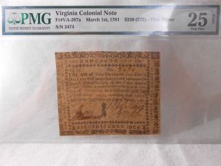 1781 Virginia Colonial Note $250 Pmg - Vf - 25 Very Rare Note Rare photo