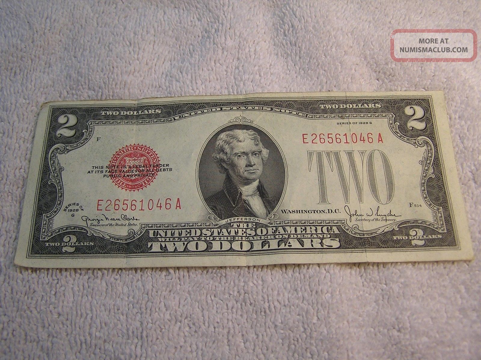 1928 - G Two Dollar Us Bank Note Red Seal Stamp Circulated Small Size Notes photo