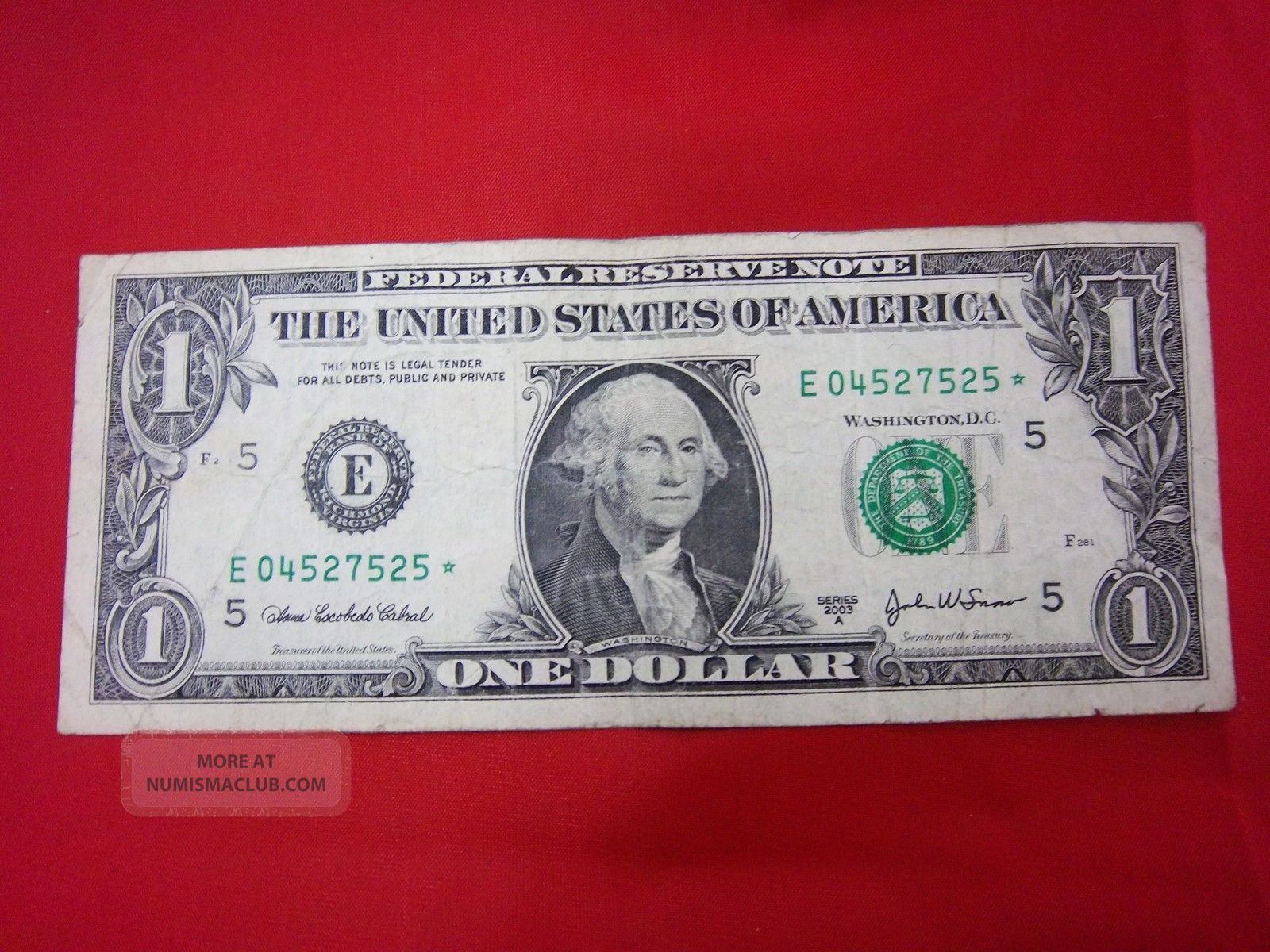 2003 United States One Dollar Bill (e04527525) Star Note Lot185 Small Size Notes photo
