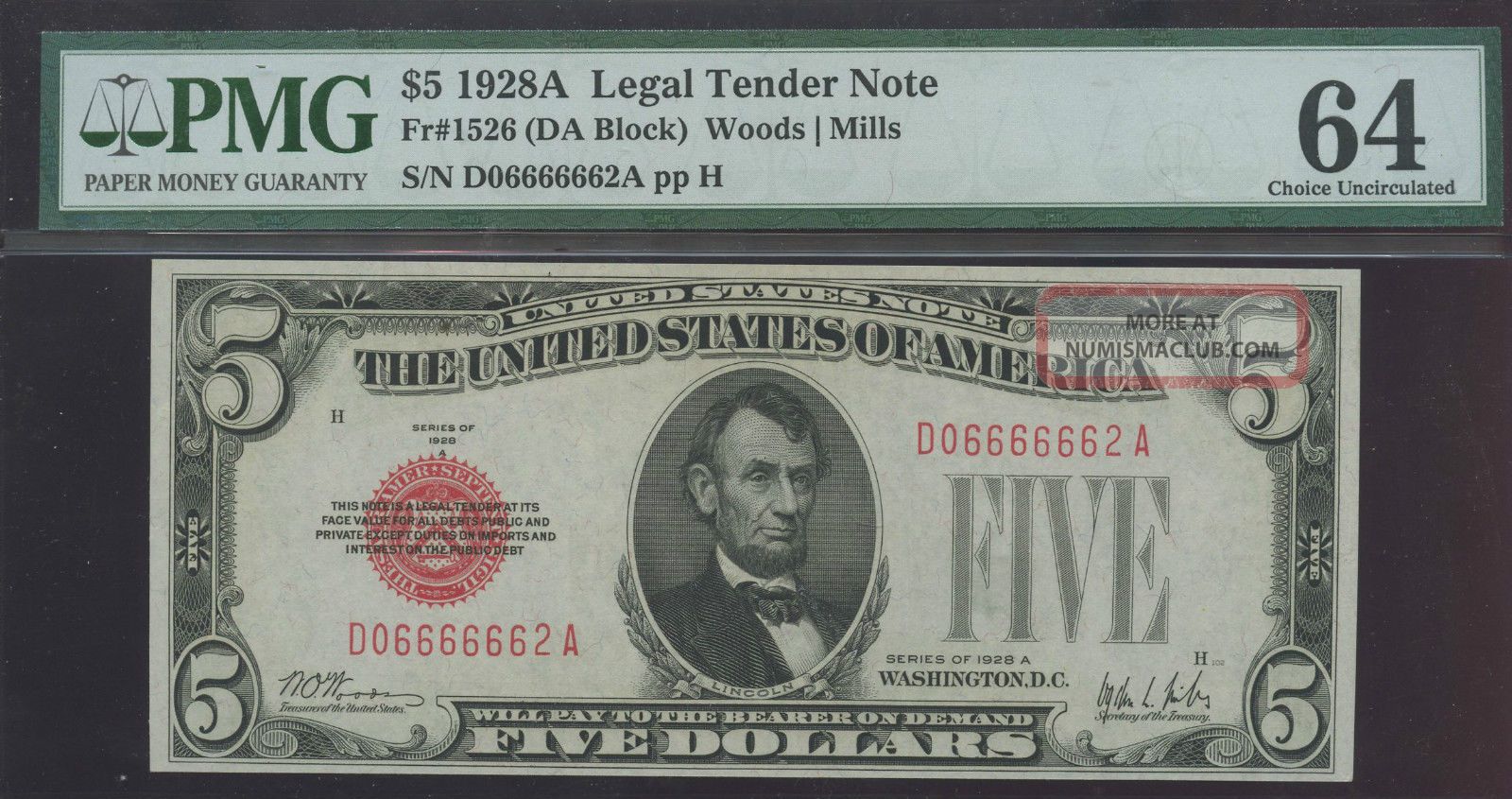 $5 1928a Red Seal Legal Tender Us Note Pmg 64 Epq Fancy Near Solid Serial Small Size Notes photo