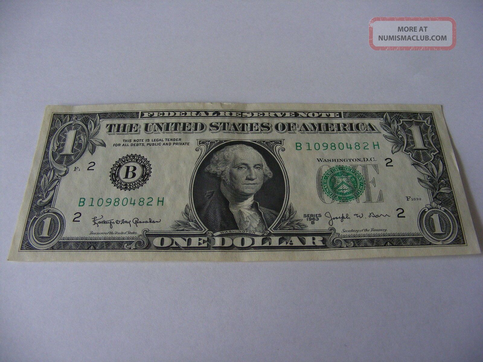 1963 B $1 Uncirculated Federal Reserve Note B 10980482 H Joseph W.  Barr Small Size Notes photo