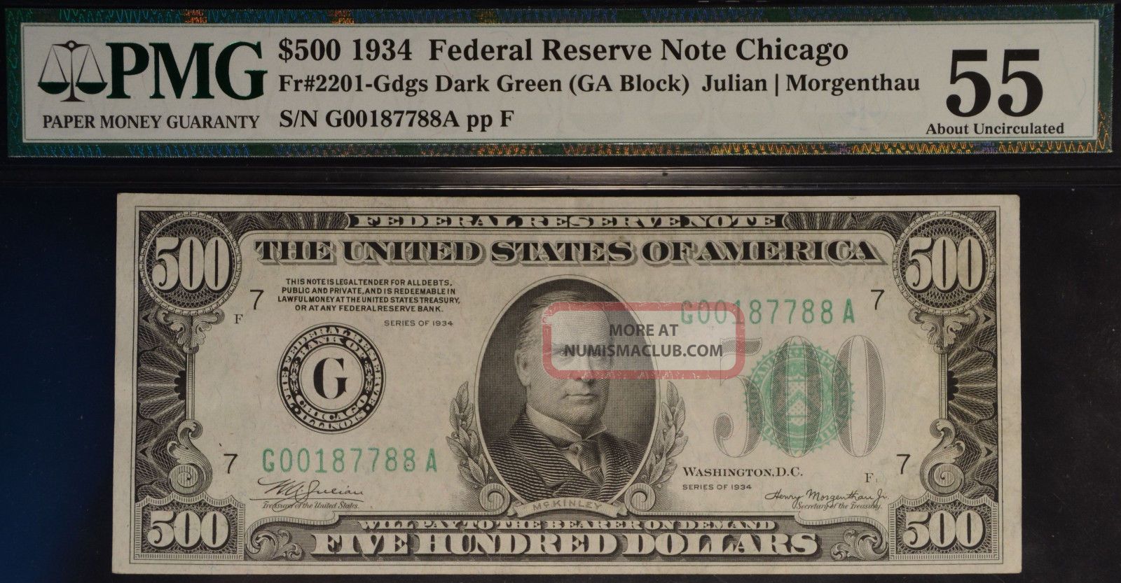 1934 $500 Federal Reserve Note Chicago Fr 2201 - Gdgs Dark Green Ga Block Pmg 55 Small Size Notes photo