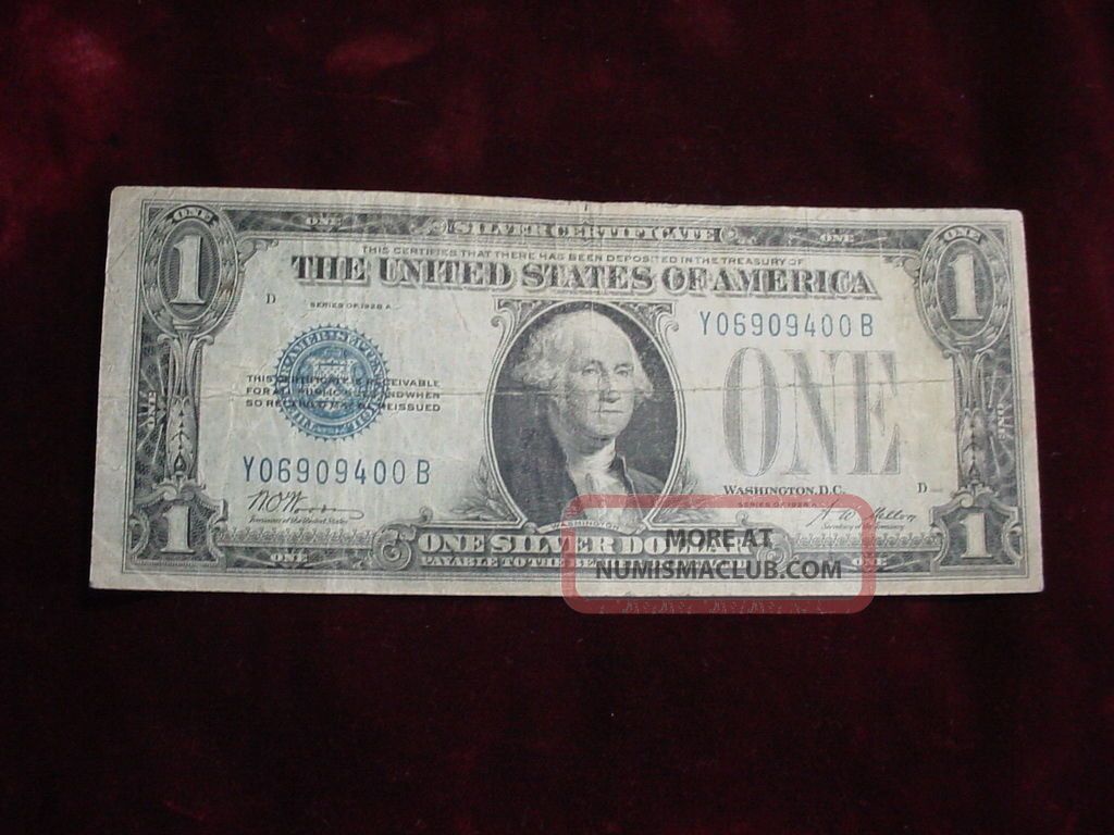 1928a $1 Silver Certificate Experimental Note Y - B Block,  Fine + Scarce Small Size Notes photo