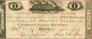 United States (usa) 1 Dollar 1813 Vg  Vermont Glass Factory - Farmers Bank photo