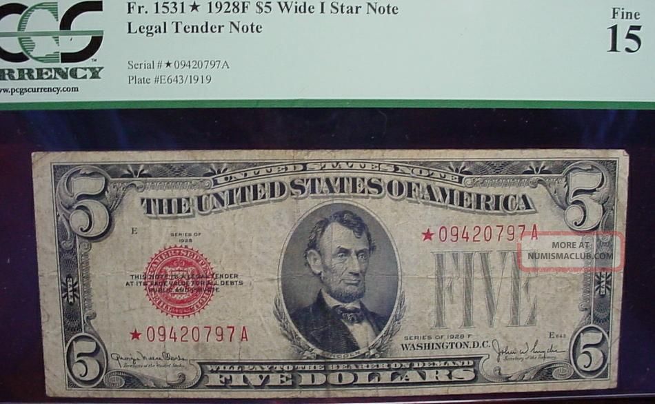 1928f $5 United States Note,  Star,  Wide I, ,  Very Scarce Pcgs Fine 15 Small Size Notes photo