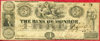 United States (usa) 3 Dollars 1833 Vg  The Bank Of Monroe - Michigan photo