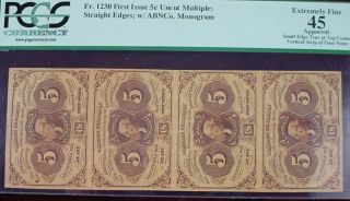 Uncut Sheet Of 4,  5 Cents Fractional,  1st Issue,  Fr - 1230 Pcgs Extremely Fine 45 photo