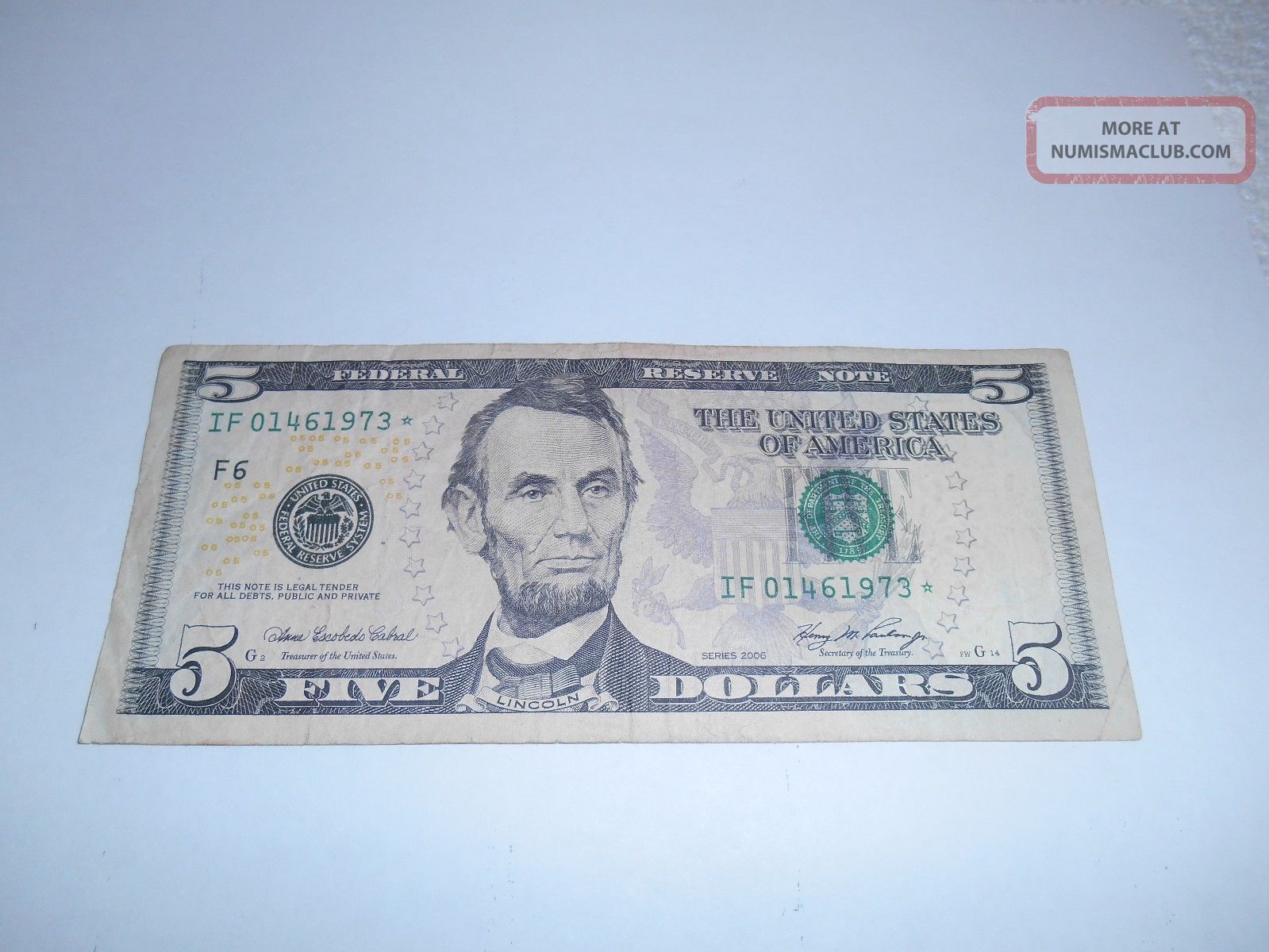 $5.  00 Federal Reserve Note 2006,  W/star If 01461973 - - Vf/ef - Small Size Notes photo