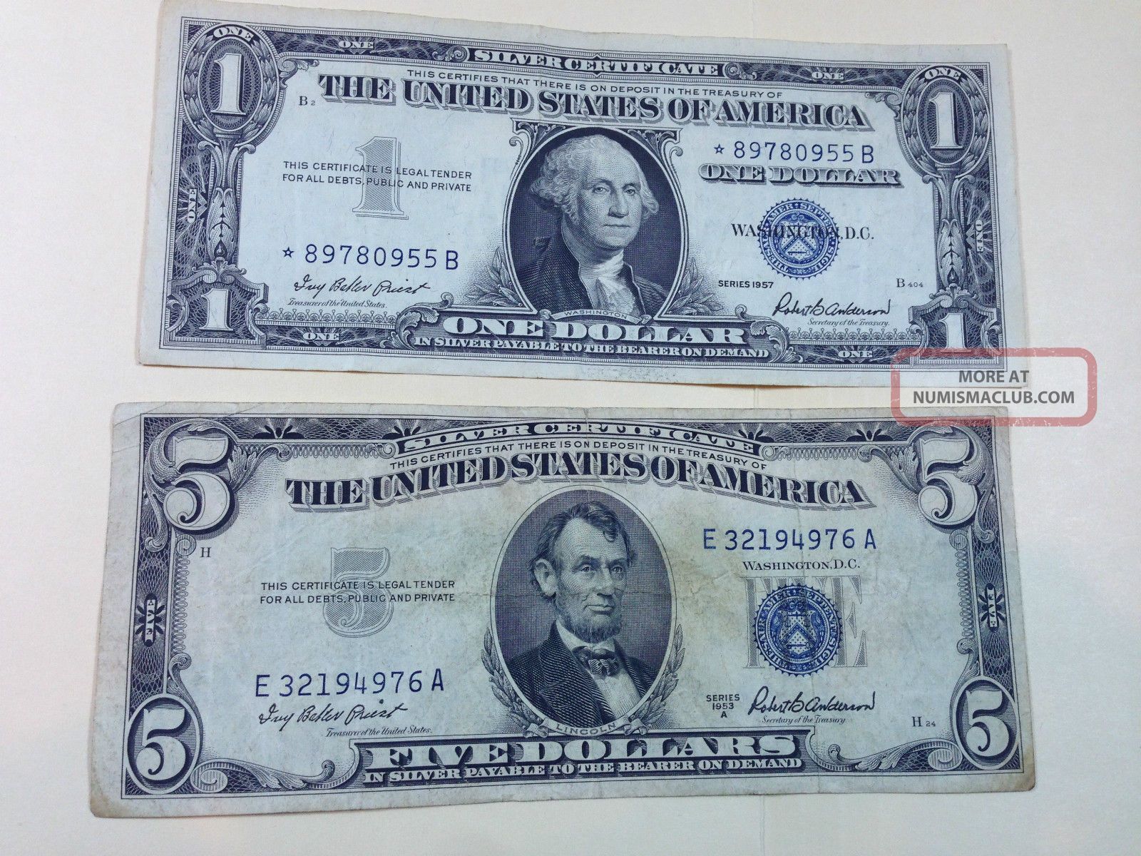 1957 $1 Star And 1953a $5 Dollar Silver Certificate Small Size Notes photo