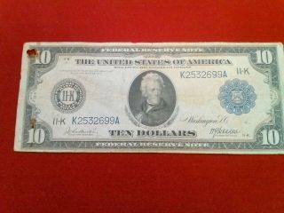 1914 Large Size Ten Dollar Bill $10 Federal Reserve Note Dallas photo