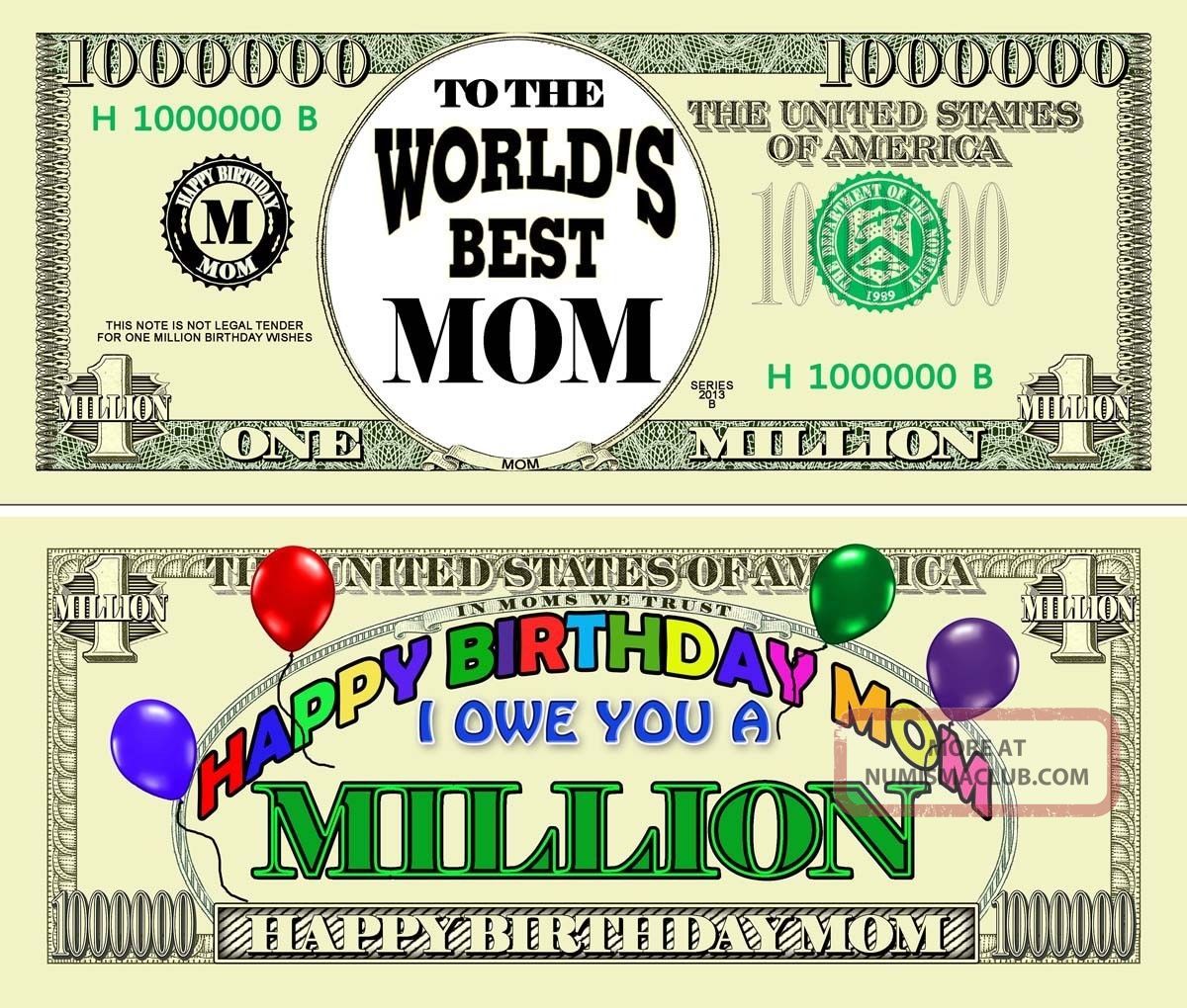 Happy Birthday Mom Million Dollar Bill Gifts Greeting Cards