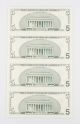 Sheets Of Four (4) Uncut 2001 $5 Bills In Laminate W/ Vinyl Folder Small Size Notes photo 1