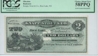 Obsolete Currency Wisconsin Rice Lake $2 No Date Sc8 Knapp Stout Co.  Pcgs 58ppq photo