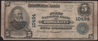 1902 1st National Bank Of Brookhaven Mississippi $5.  00 Note.  Rare Bank photo