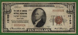 {new York} $10 The Bank Of America Natl Asso York Ny Ch 13193 photo