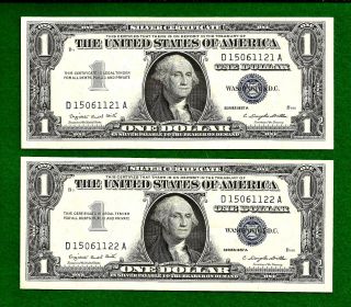 2 1957 A Consecutive & Uncirculated One Dollar Silver Certificates photo