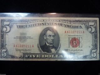 2) 1963 Five ($5.  00) Dollar United States A Series Red Seal Note photo