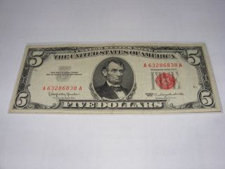 1963 $5 Uncirc.  United States Note A 63286838 A Red Seal 
