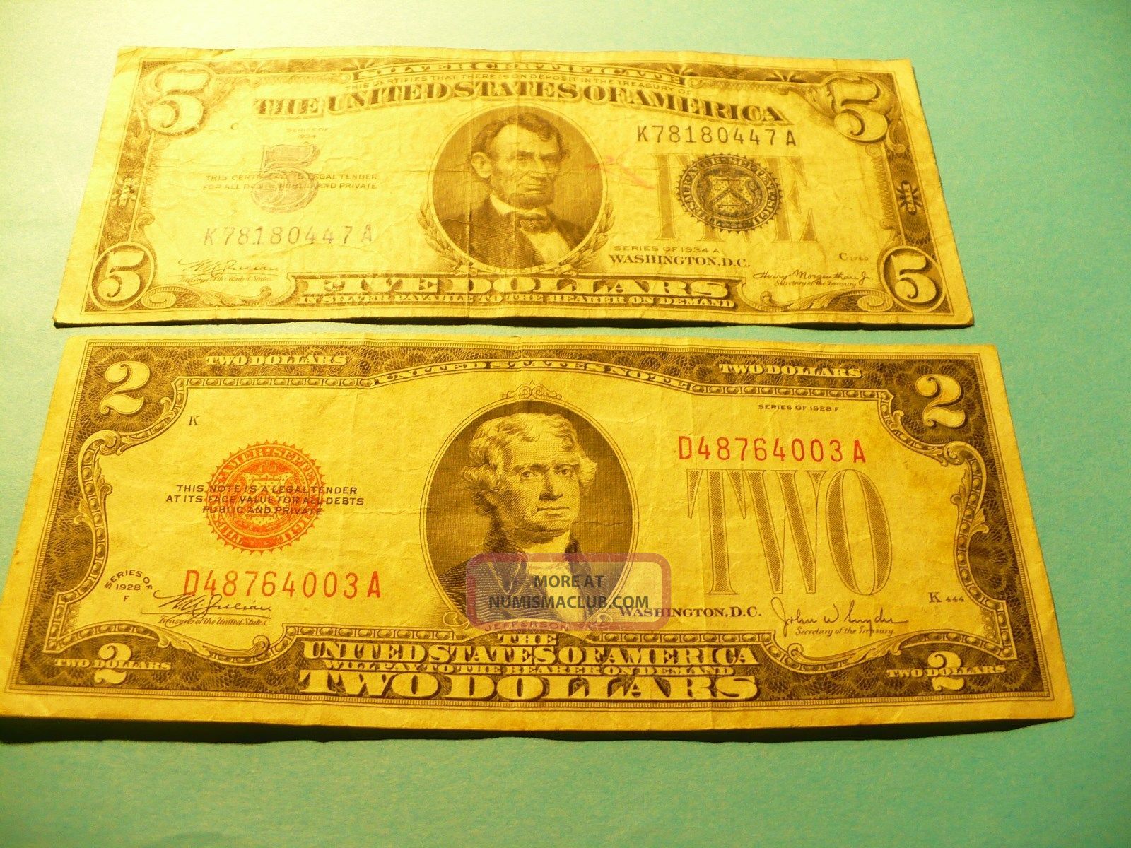 Red Two 1928 - F Blue Five 1934 - A Dollars Small Size Notes photo