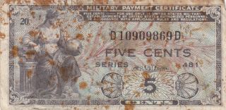 U.  S.  Military Payment Certificate,  Series 481,  5 Cents,  1951 - 1954 Issue photo