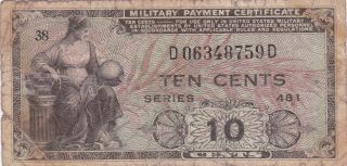 U.  S.  Military Payment Certificate,  Series 481,  10 Cents,  1951 - 1954 Issue photo