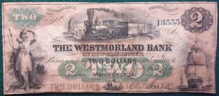 1861 Westmoreland Bank Of Brunswick Two - Dollar Note photo