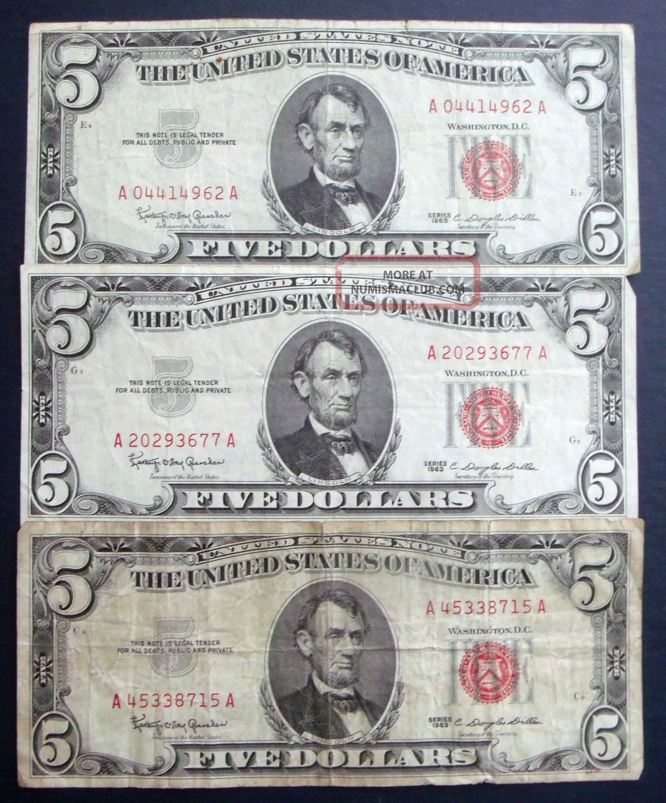 Three Red Seal 1963 $5 United States Notes (a45338715a) Small Size Notes photo
