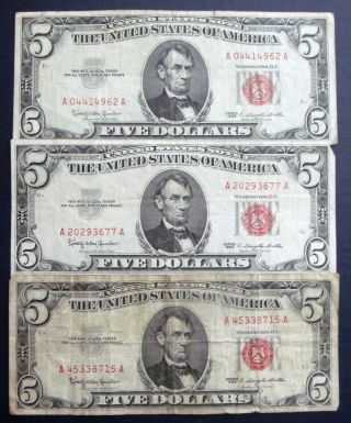 Three Red Seal 1963 $5 United States Notes (a45338715a) photo