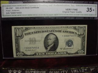 1953a $10 Silver Certificate Star Note Fr - 1707 Cga Very Fine 35 photo