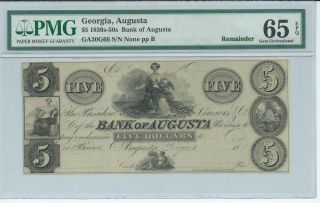 Georgia Augusta Bank Note Obsolete Currency Not Issued $5 Circa 1858 Pmg65epq photo