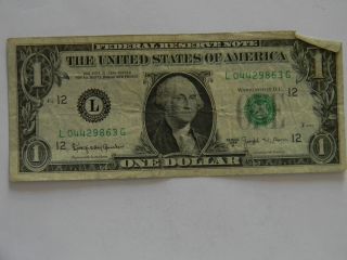1963b One ($1.  00) Dollar Federal Reserve L Series Low Serial Note photo