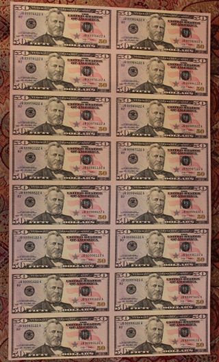 2009 Fifty Dollar Bills Uncut Sheet Of 16 Us Currency $50.  Face Value Of $800. photo