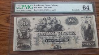 $20 Louisiana Orleans Canal Bank Note Pmg Choice Uncirculated 64 photo