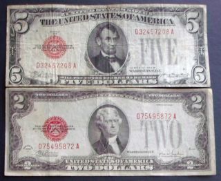 One 1928b $5 & One 1928f $2 Red Seal United States Note (d75495872a) photo