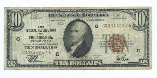 1929 $10.  00 National Banknote - - The Federal Reserve Of Philadelphia,  Mass photo